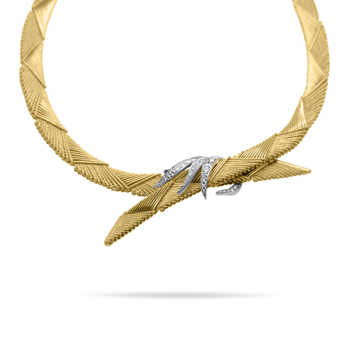 Mid Century 18K Yellow Gold Diamond Crossover Necklace
