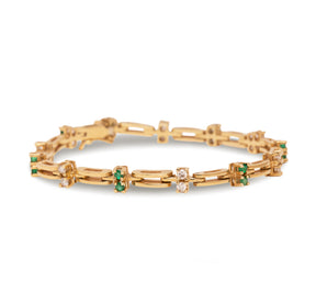 14k Yellow Gold Estate Diamond and Emerald Link Bracelet