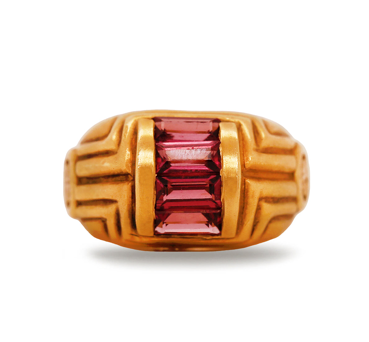 Estate Chunky 18k Yellow Gold Tourmaline Engraved Detail Ring