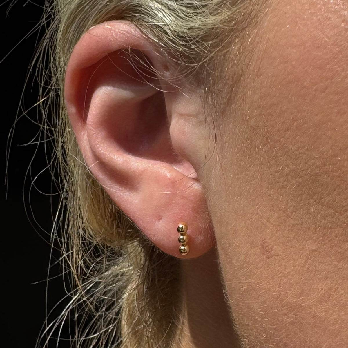 14k Triple Bead Bar Stud Earrings