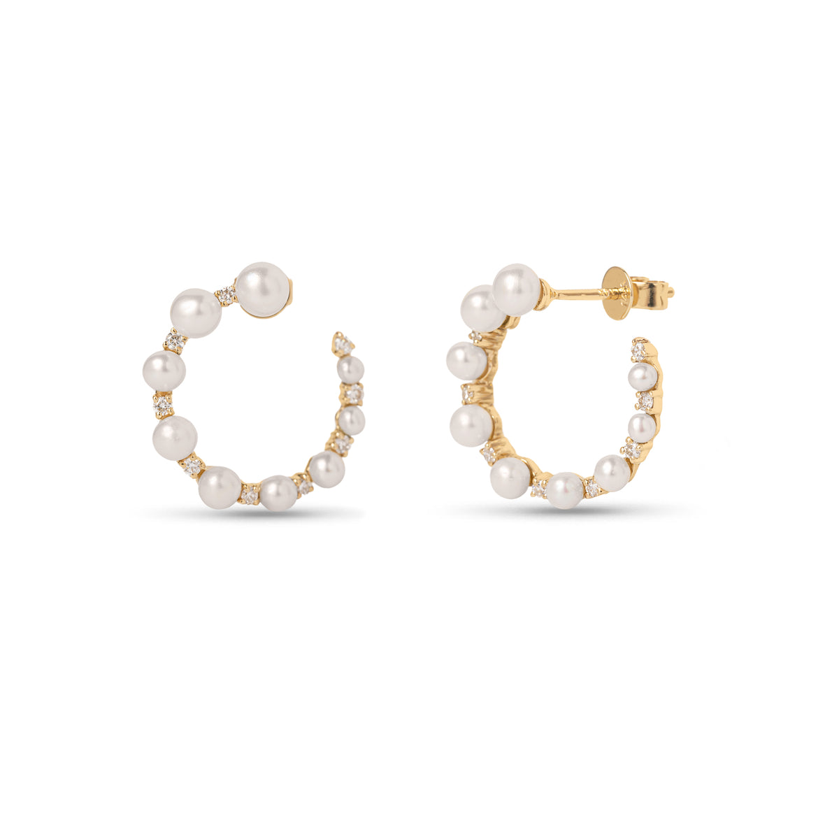 14k yellow gold alternating diamond and pearl graduated circle stud earrings