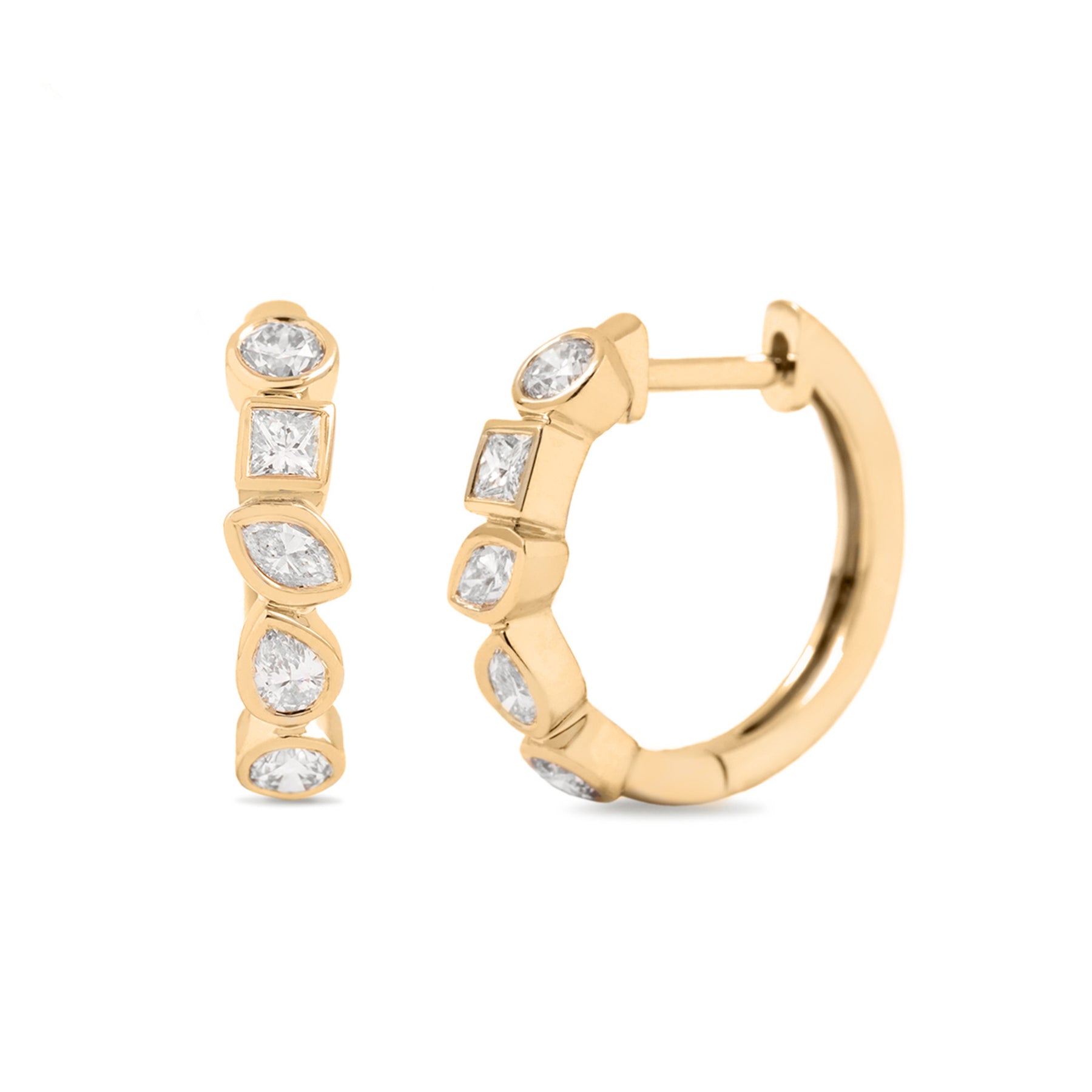 14k yellow gold bezel mixed shape diamond staggered huggie hoop earrings