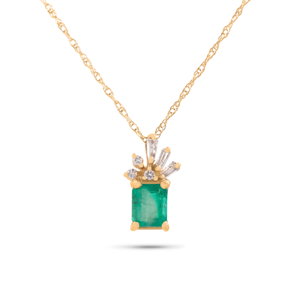 14k yellow gold estate ~0.80ct emerald cut emerald and diamond pendant necklace