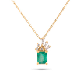 14k yellow gold estate ~0.80ct emerald cut emerald and diamond pendant necklace