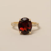 14k yellow gold oval cut Mozambique garnet diamond pave cocktail ring