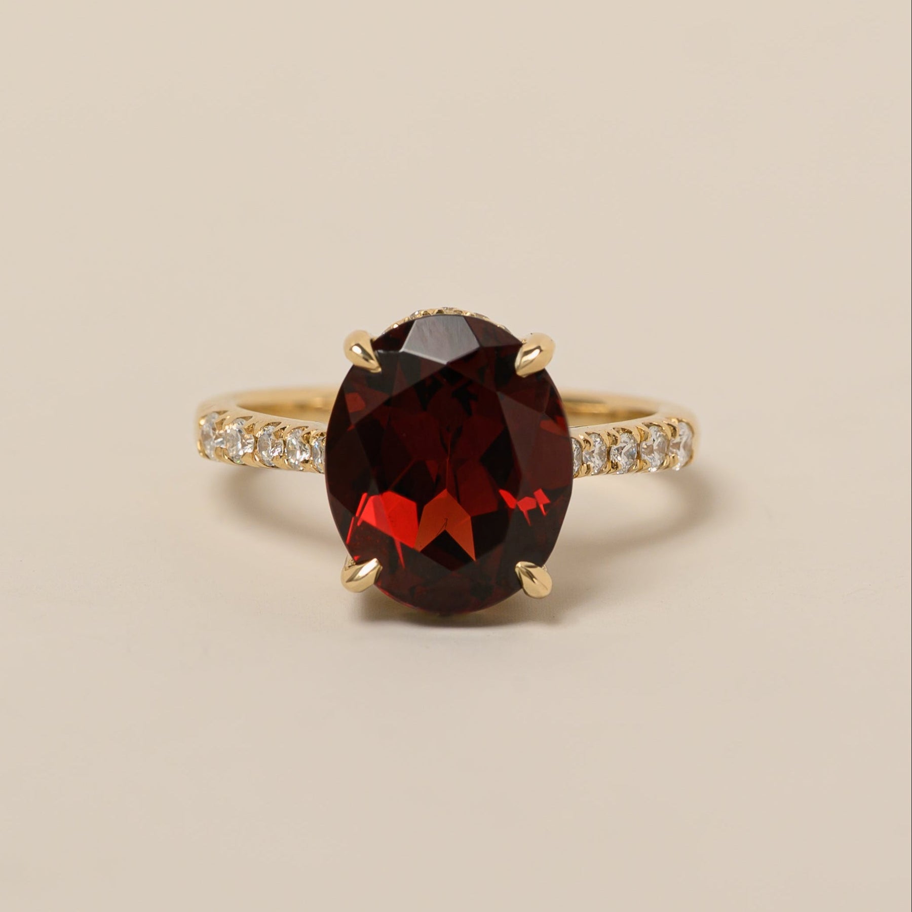 14k yellow gold oval cut Mozambique garnet diamond pave cocktail ring