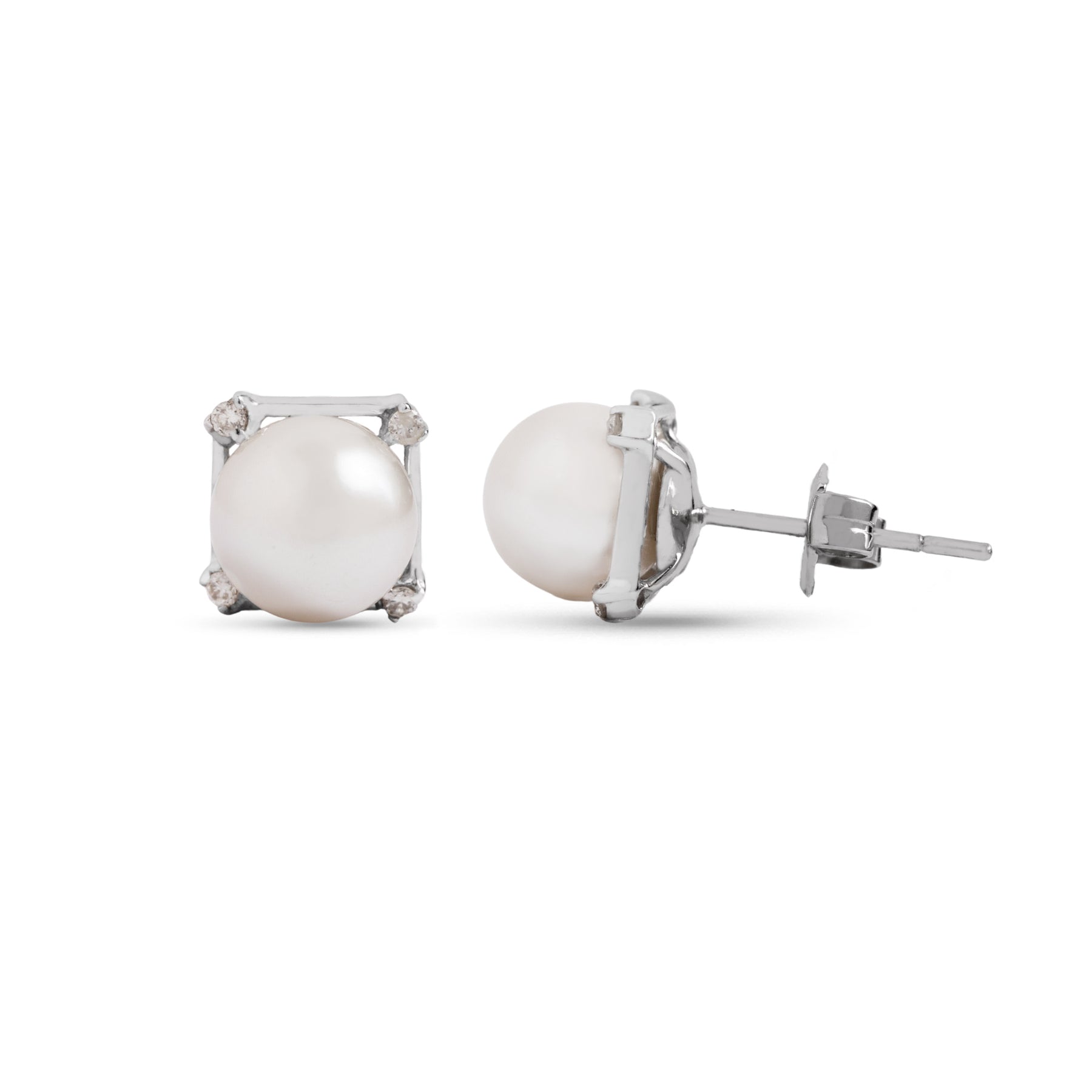 18k white gold estate pearl and diamond square halo stud earrings