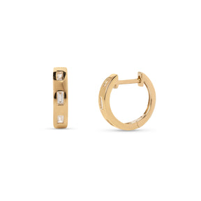 14k yellow gold triple flush set baguette diamond huggie earrings