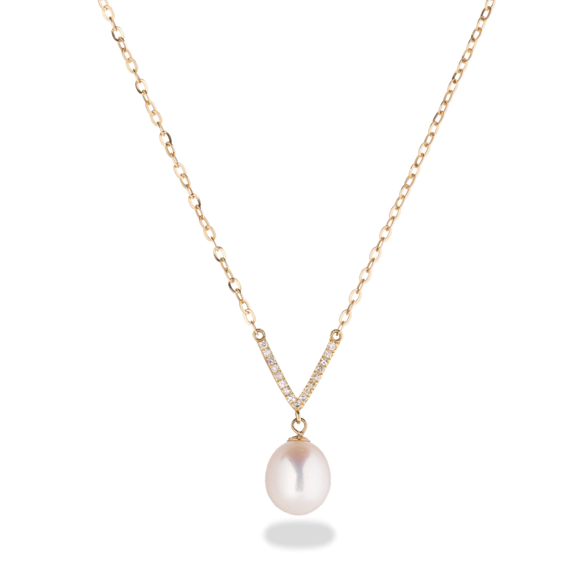 14k yellow gold freshwater pearl diamond pave V necklace