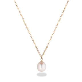 14k yellow gold freshwater pearl diamond pave V necklace