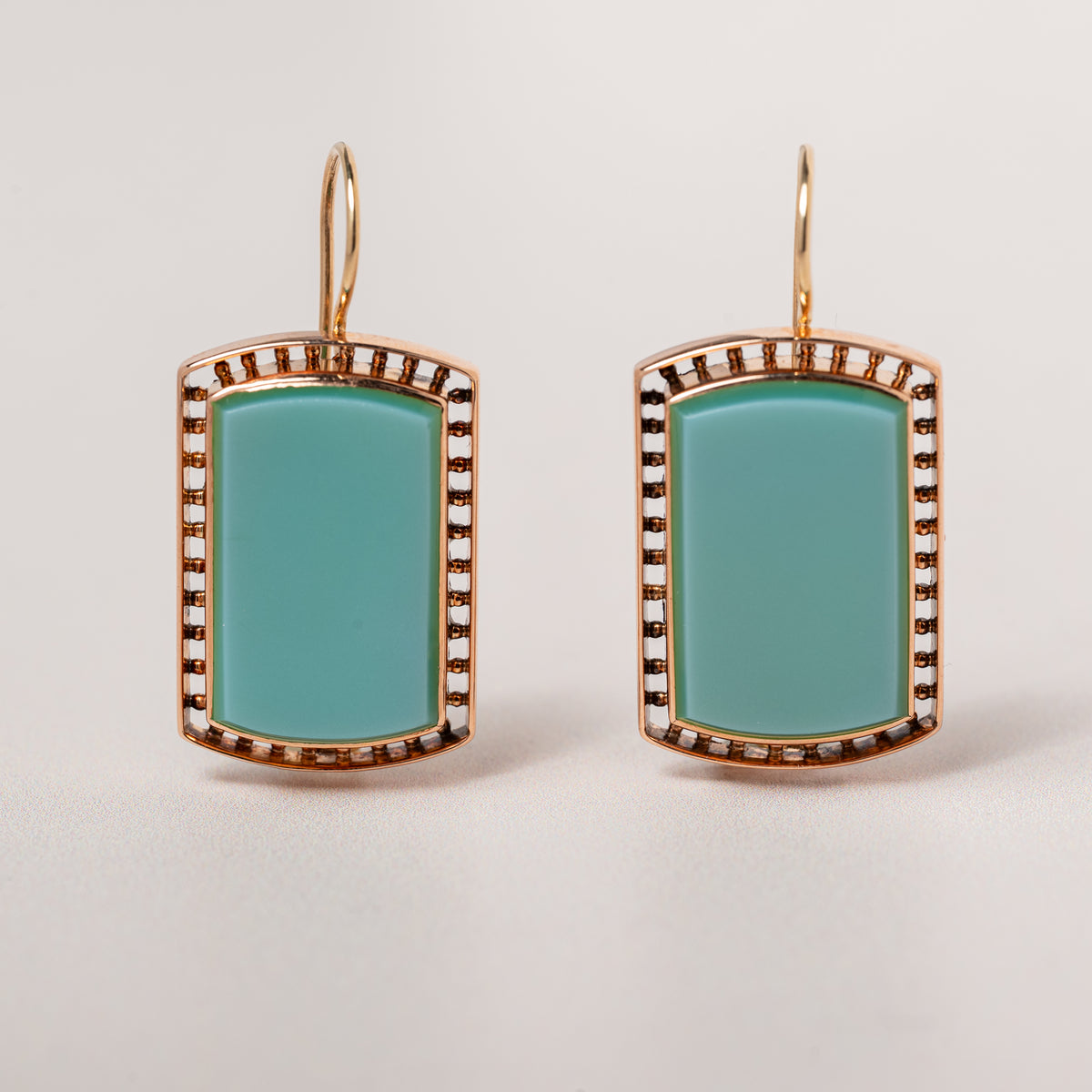 10k yellow gold flat rectangle turquoise bezel set gold detailing dangle vintage estate earrings