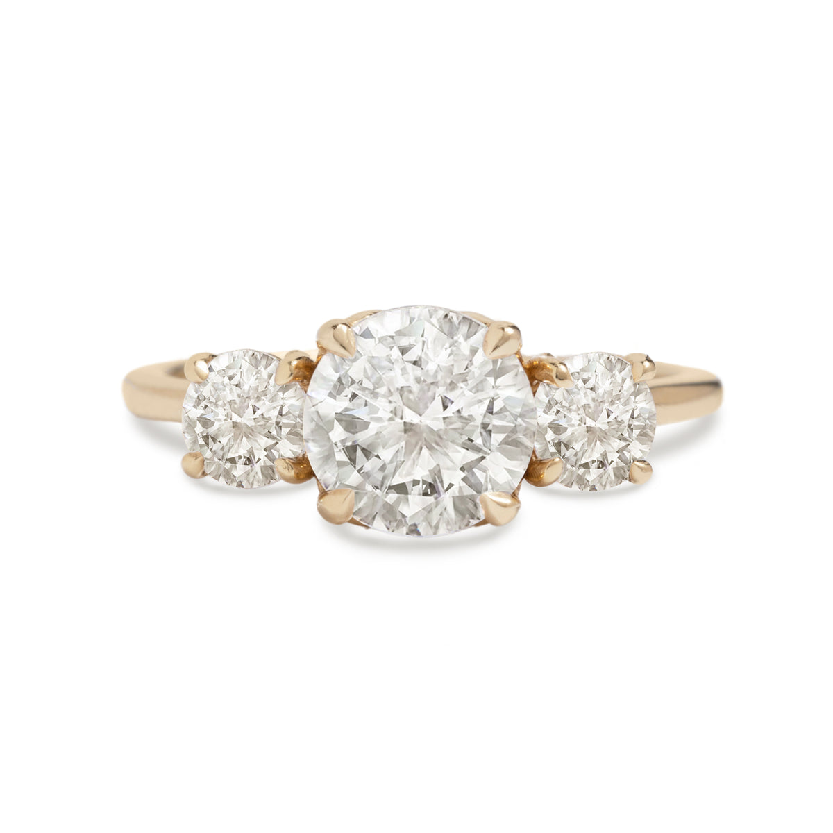 14k yellow, white, rose gold semi custom engagement ring three stone diamond ring with petal prongs