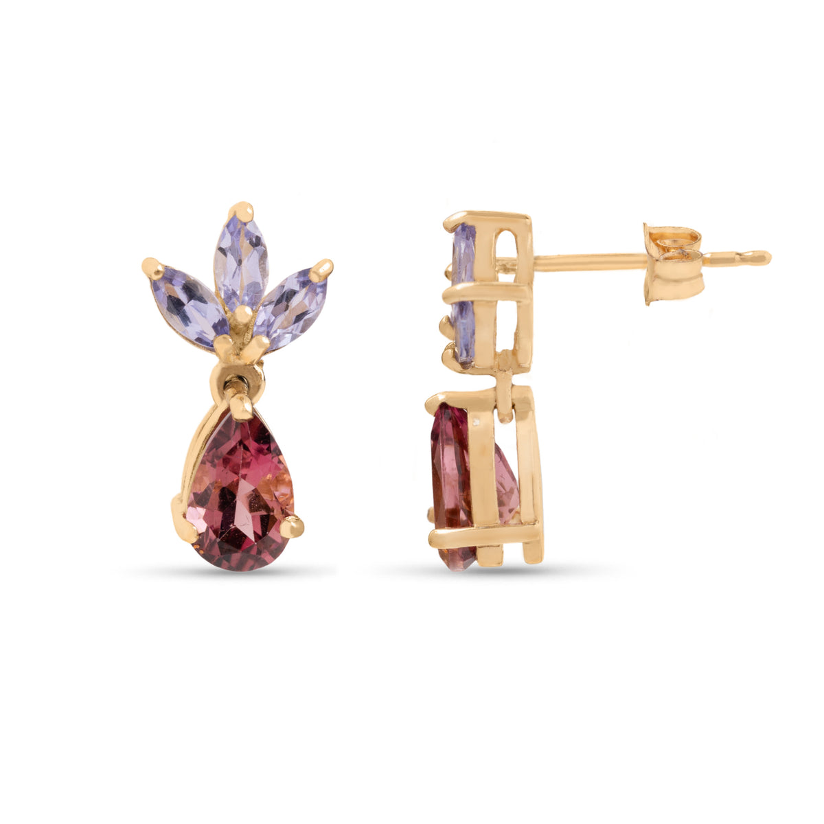 14k yellow gold estate tanzanite and pink tourmaline earrings