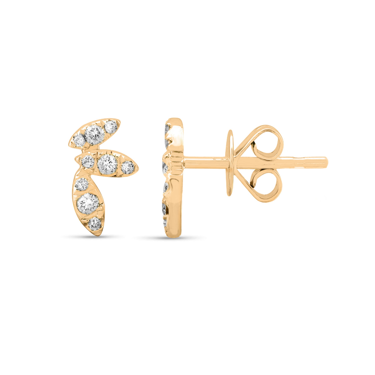 14k yellow gold marquise shaped illusion diamond pave leafy stud earrings