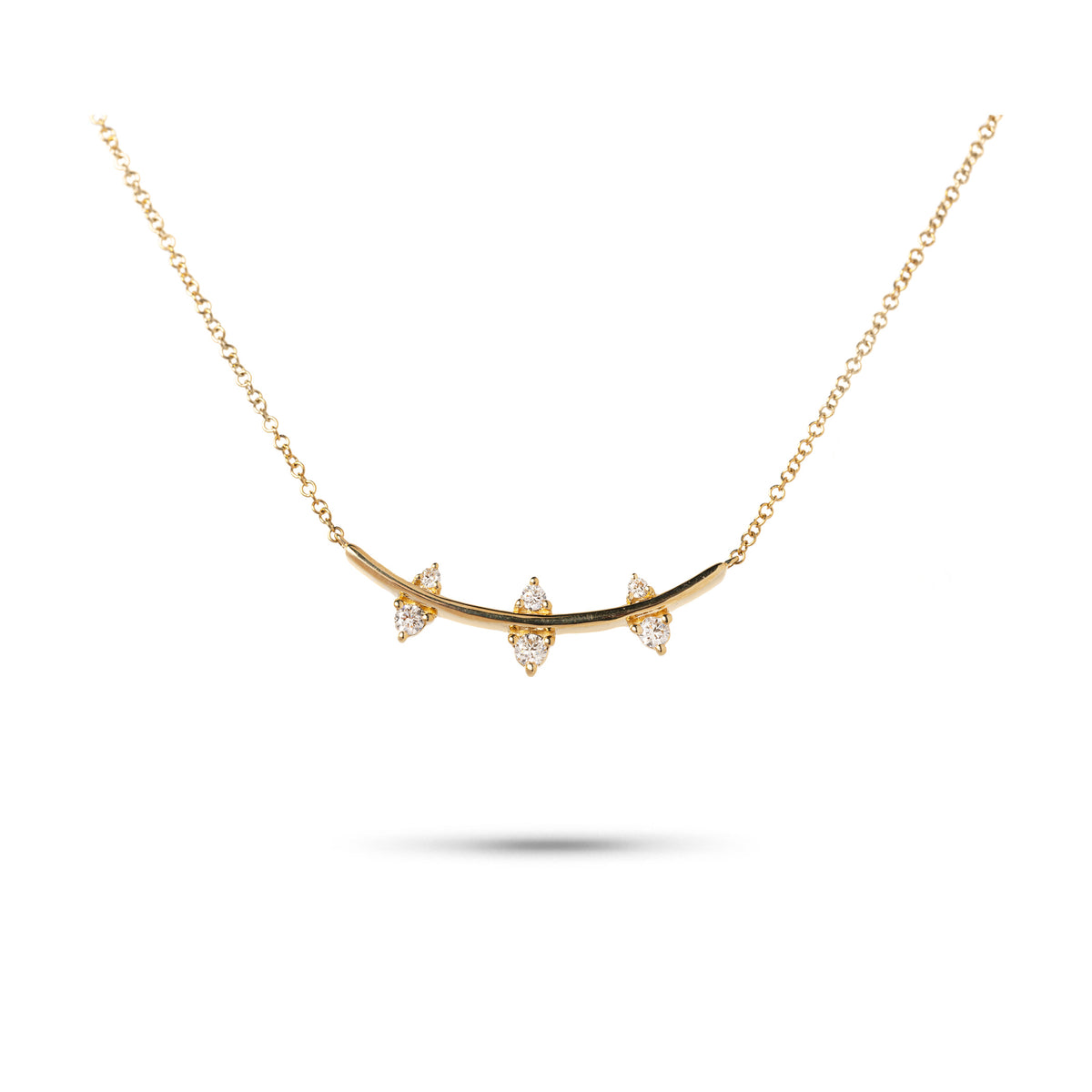 14k yellow gold bar necklace with 6 alternating diamonds