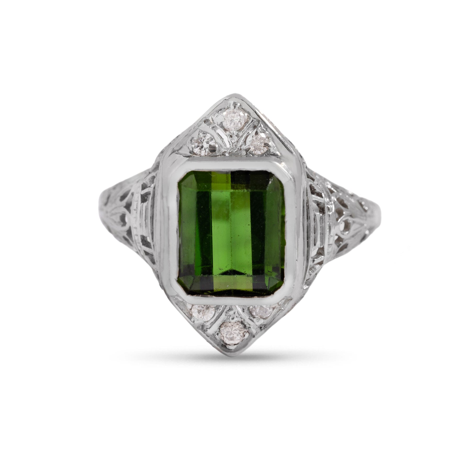 14k white gold estate ~2.6ct emerald cut tourmaline filigree ring with diamond details size 5.75
