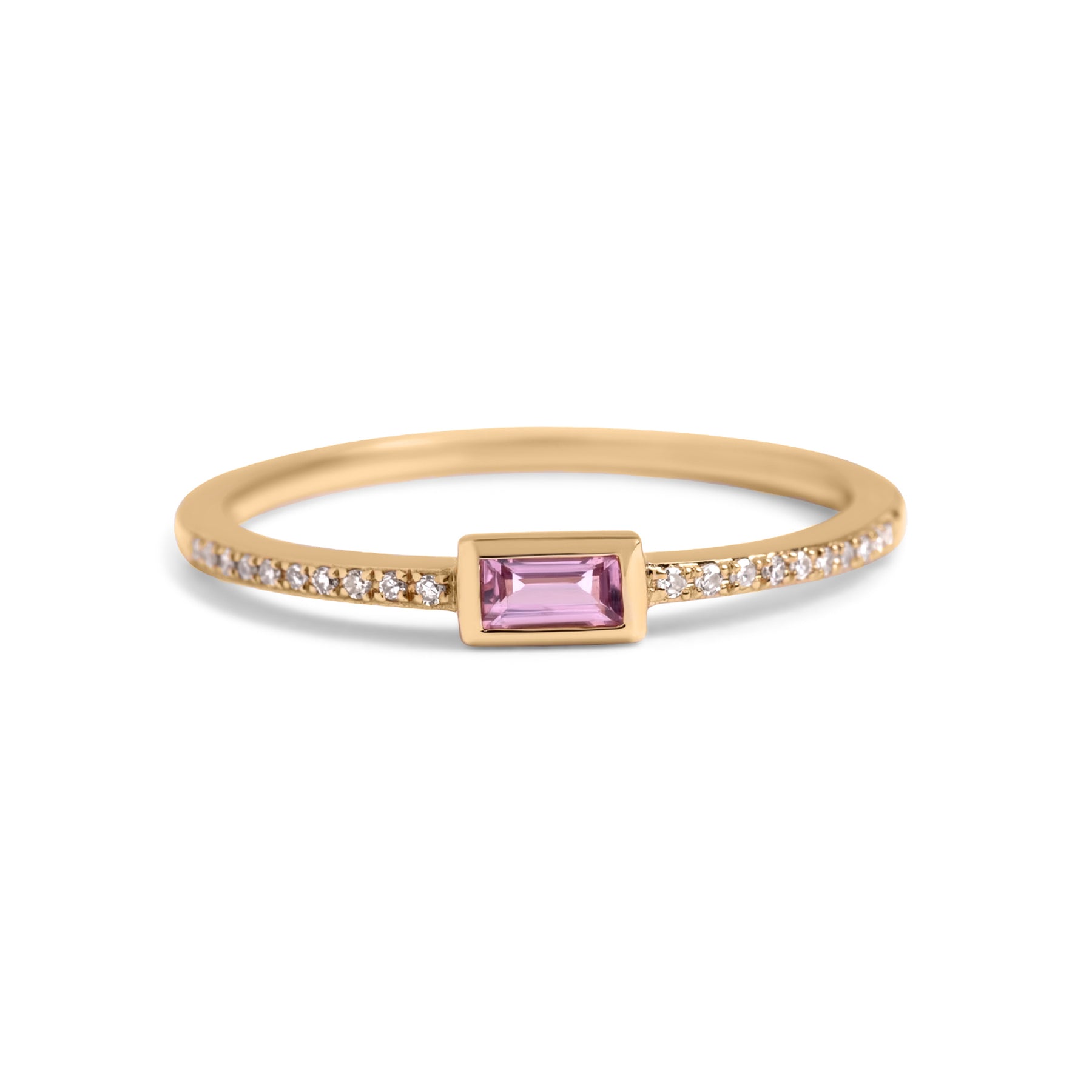 14k yellow or rose gold stacking ring with diamonds on the band and a bezel set pink sapphire, ruby, or blue sapphire
