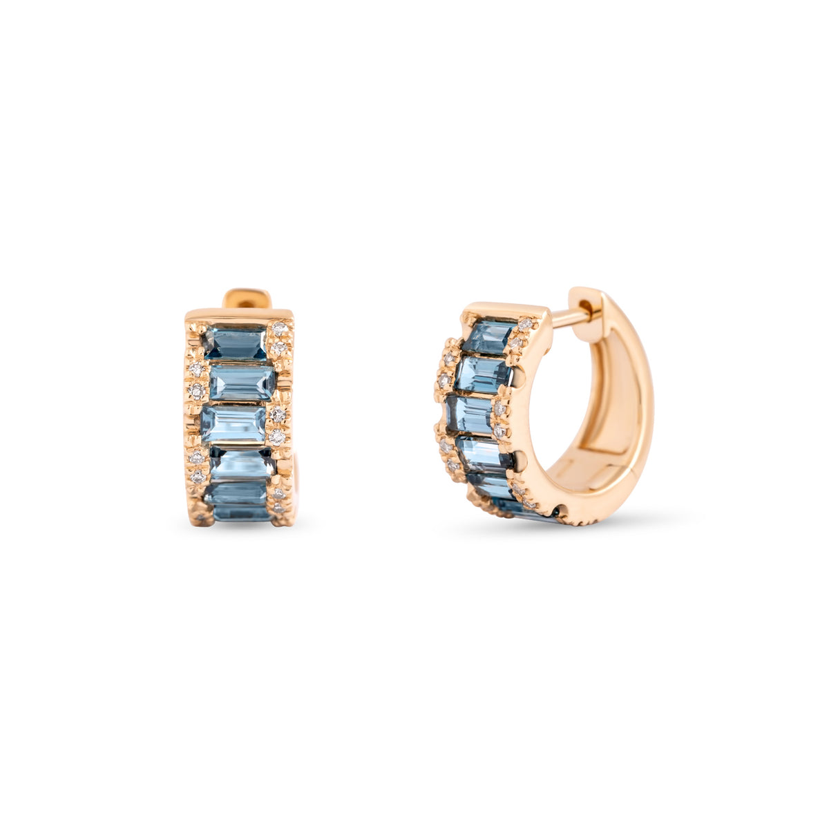 14k yellow gold blue topaz and diamond huggie earrings