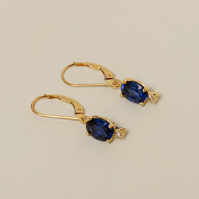 14k yellow gold lab grown oval blue sapphire leverback dangle earrings
