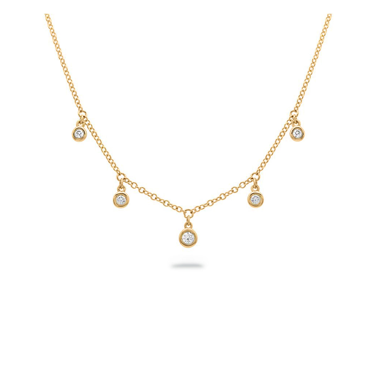 14k yellow gold graduated round bezel diamond dangle station necklace