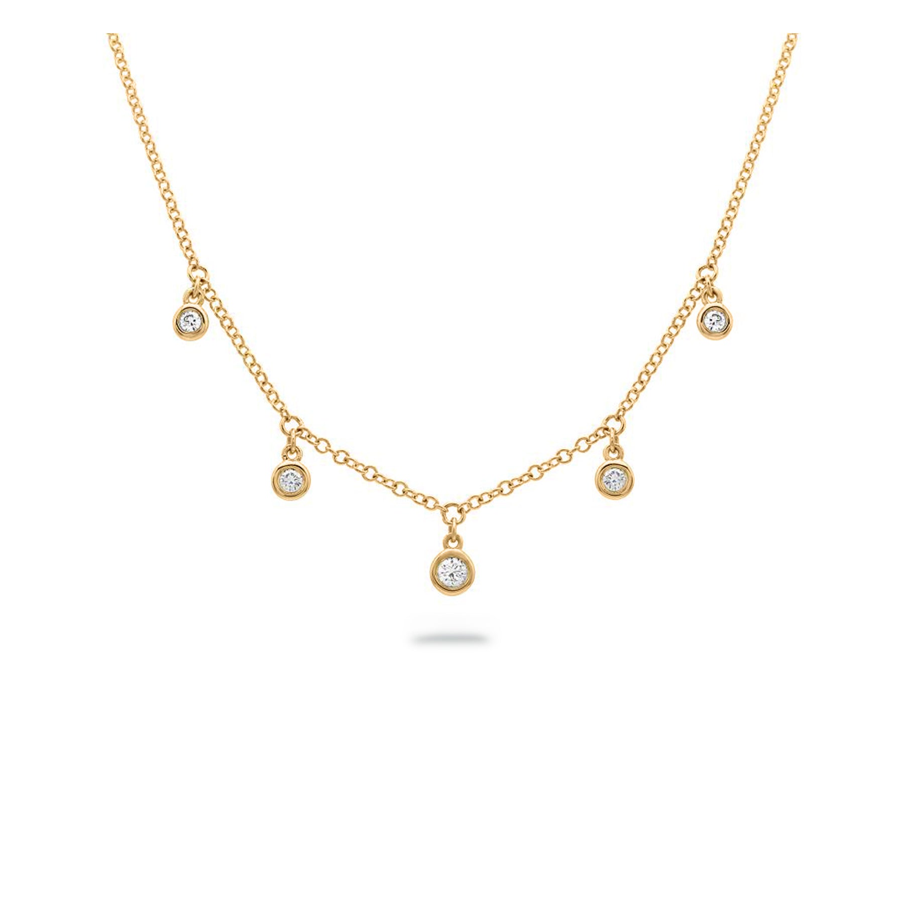 14k yellow gold graduated round bezel diamond dangle station necklace