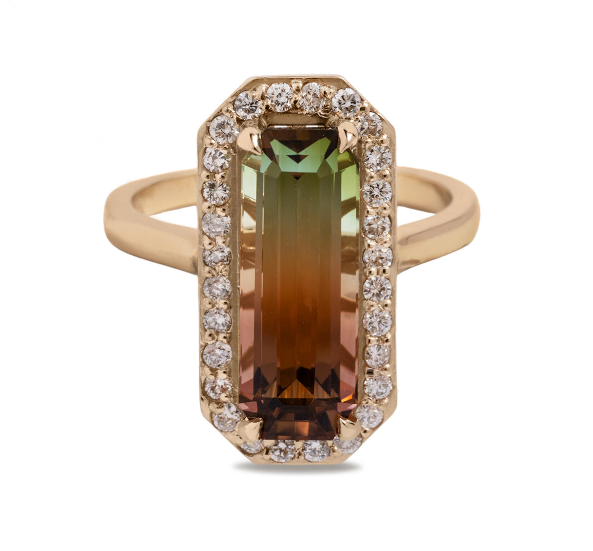 5.34ct skinny emerald cut Zambia watermelon tourmaline diamond pave octagon halo 14k yellow gold cocktail ring