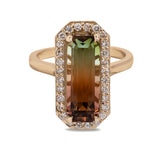 5.34ct skinny emerald cut Zambia watermelon tourmaline diamond pave octagon halo 14k yellow gold cocktail ring