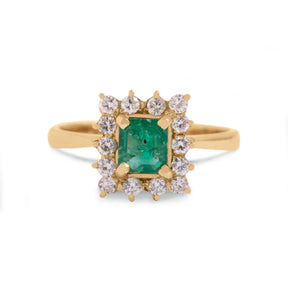 18k yellow gold estate ~.60ct square cut emerald with diamond halo ring size 5.75