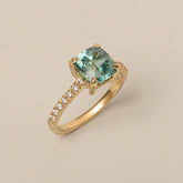 14k yellow gold cushion cut seafoam green tourmaline diamond pave cocktail ring