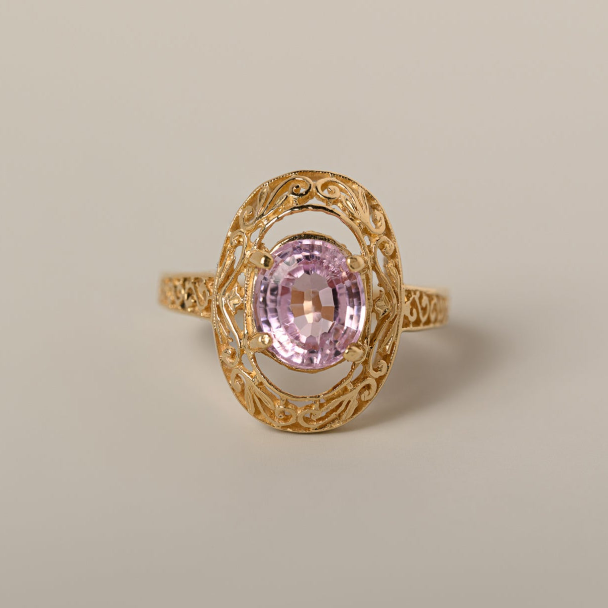 14k yellow gold oval kunzite filagree vintage inspired contemporary estate ring