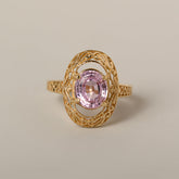 14k yellow gold oval kunzite filagree vintage inspired contemporary estate ring