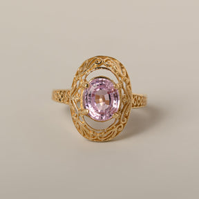 14k yellow gold oval kunzite filagree vintage inspired contemporary estate ring
