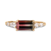 1.39ct emerald cut watermelon tourmaline east west diamond mix shape side stones 14k yellow gold ring