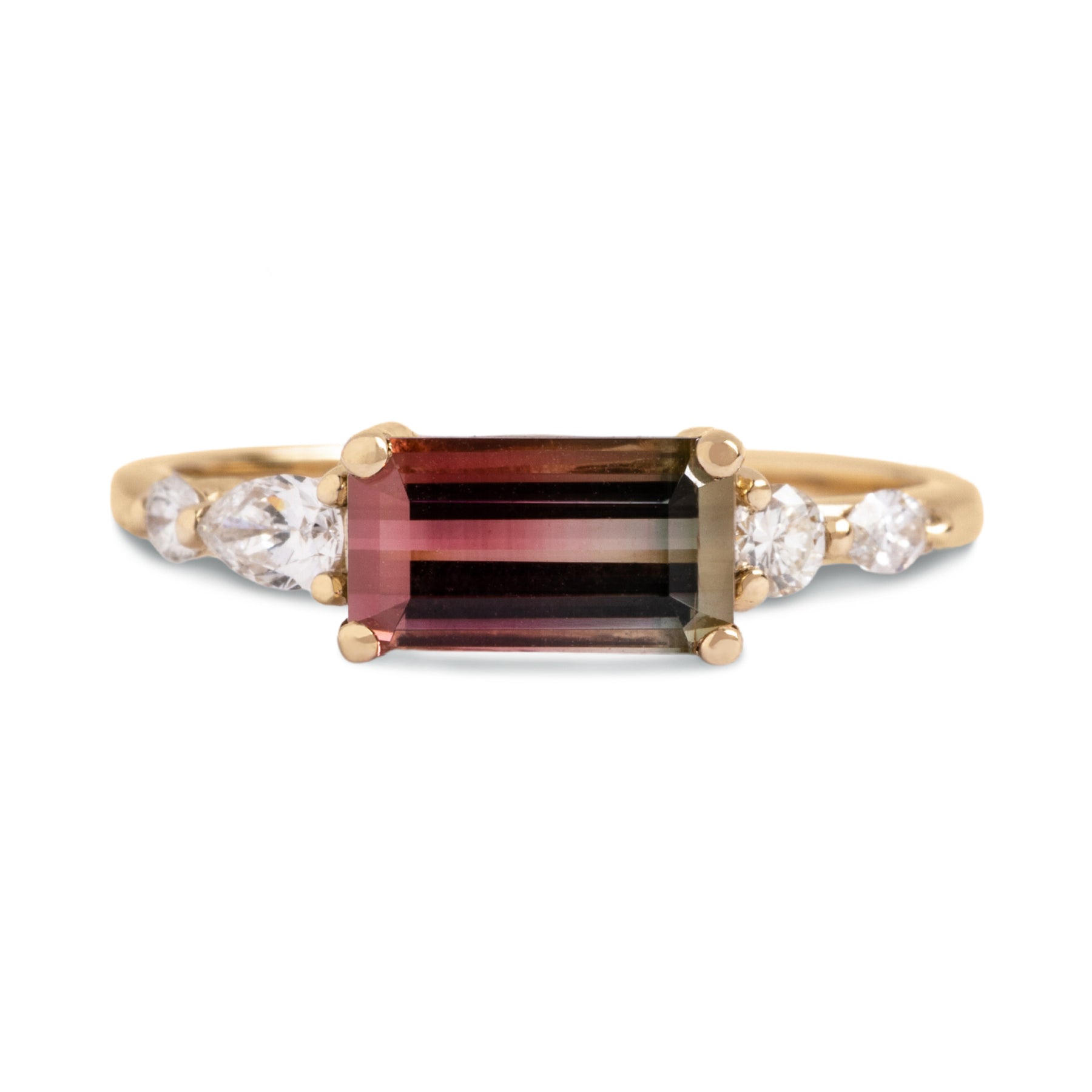 1.39ct emerald cut watermelon tourmaline east west diamond mix shape side stones 14k yellow gold ring