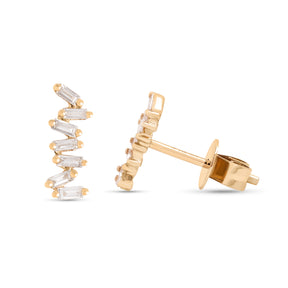 14k yellow gold baguette diamond staggered stud earrings