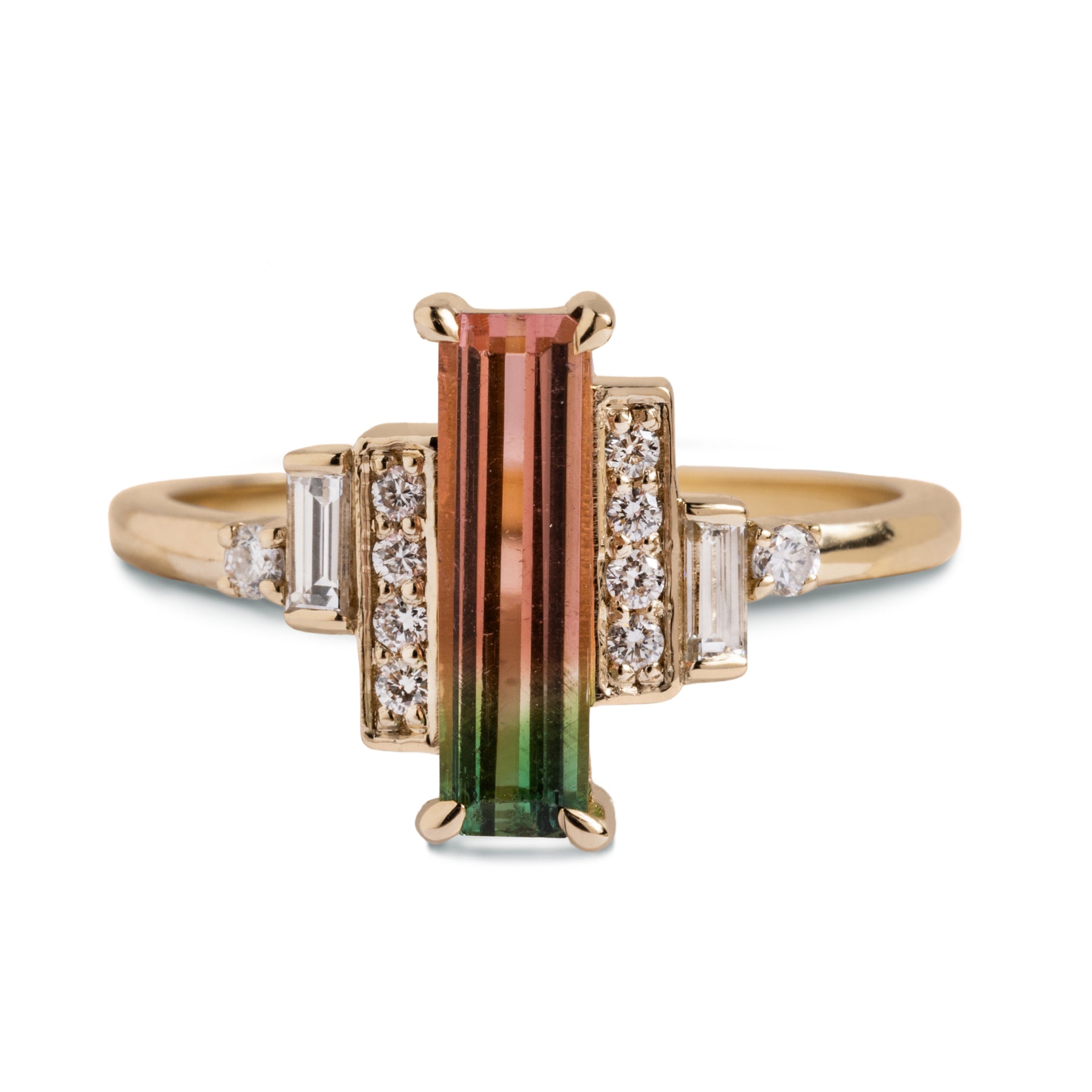 1.56ct skinny emerald cut watermelon tourmaline round baguette diamond asymmetrical side stones 14k yellow gold cocktail ring