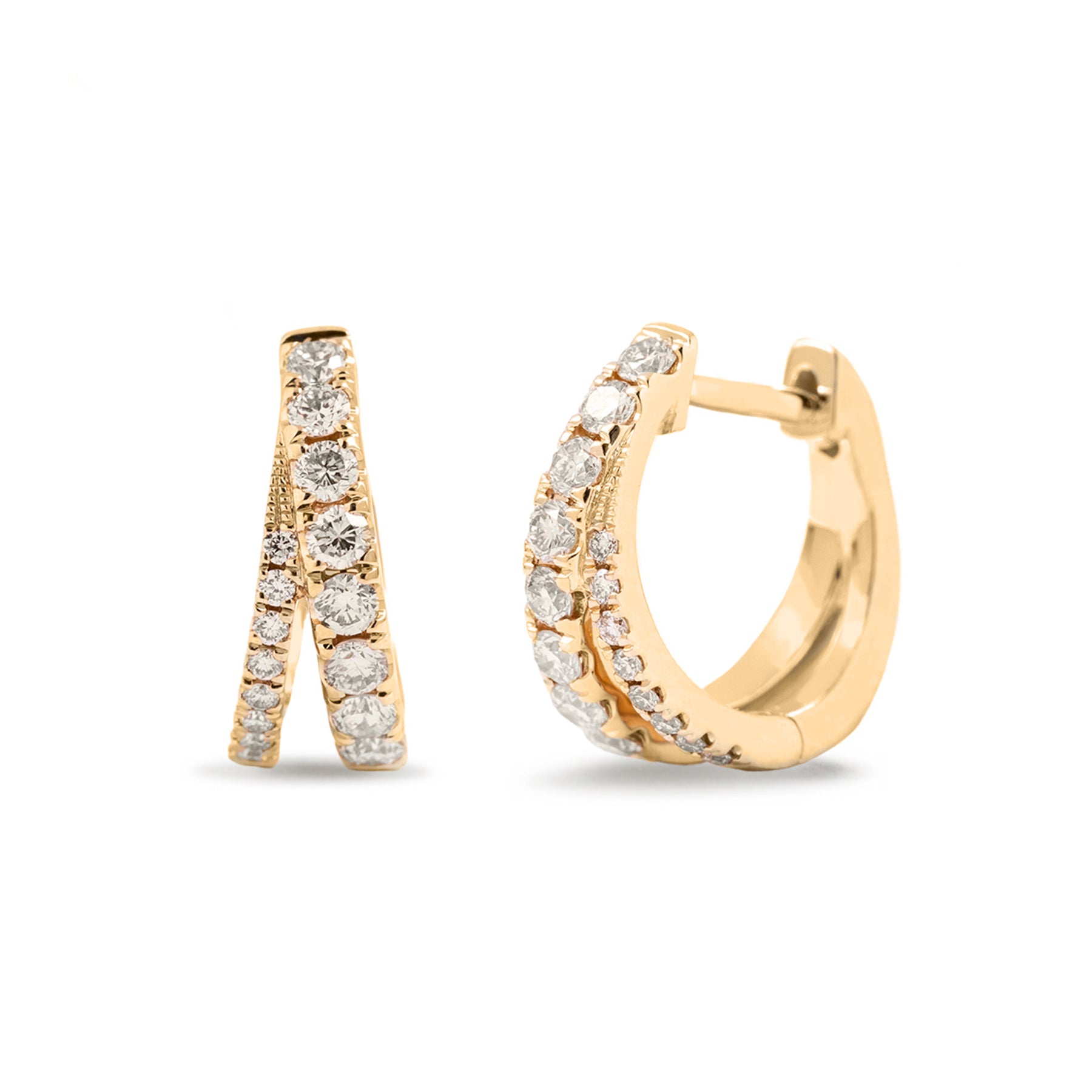 14k yellow gold diamond pave split huggie hoop earrings