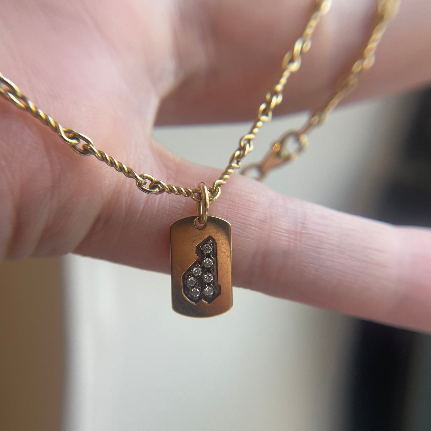 14K Yellow Gold Diamond "d" Dog Tag Charm