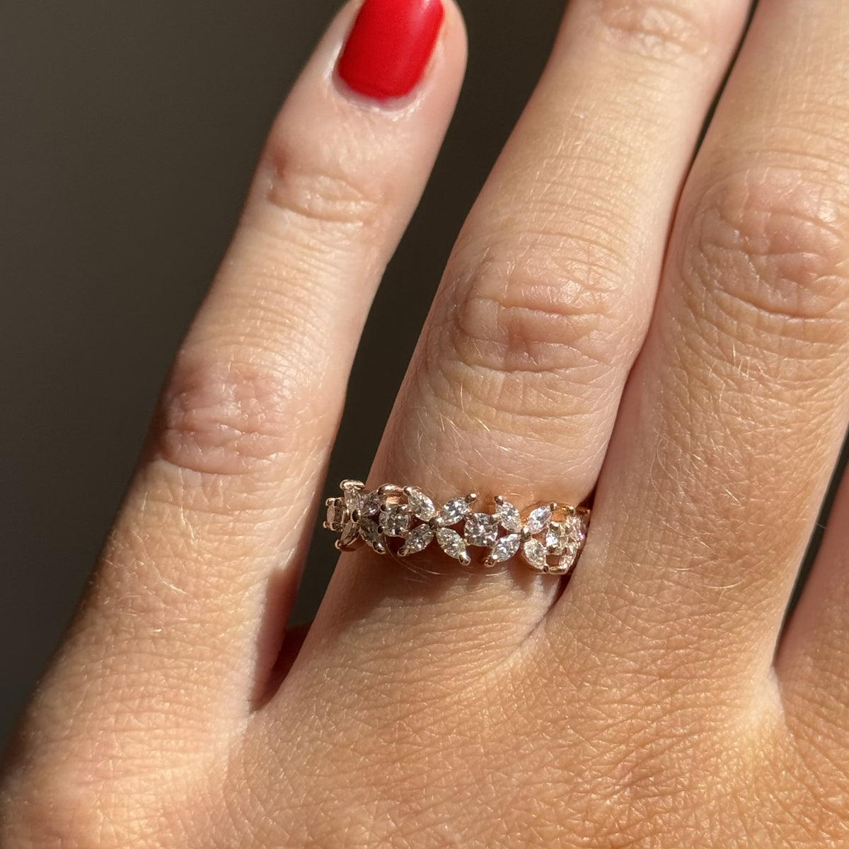 14K Rose Gold Marquise Diamond Flower Ring