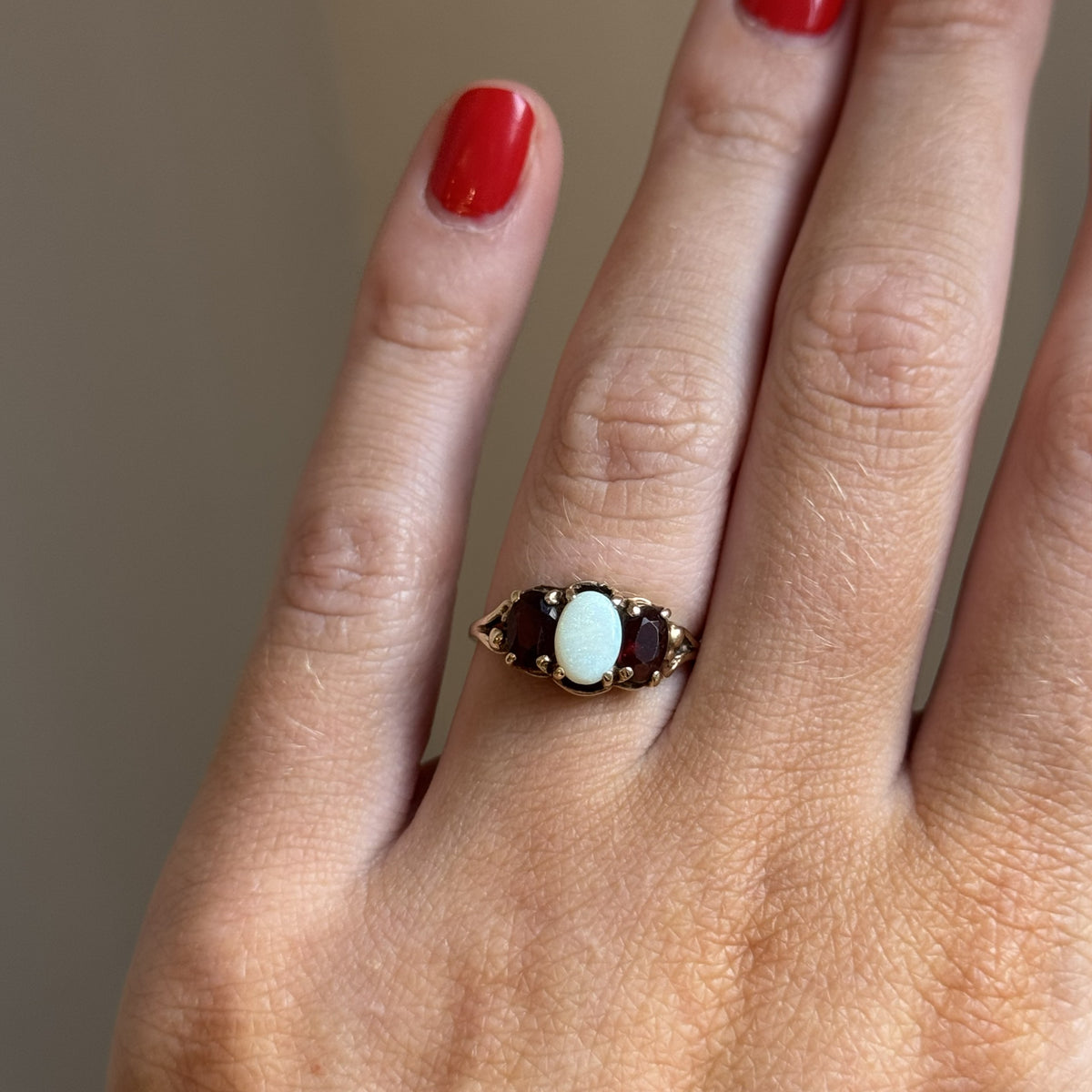 14K Yellow Gold 3-Stone Opal/Garnet Ring