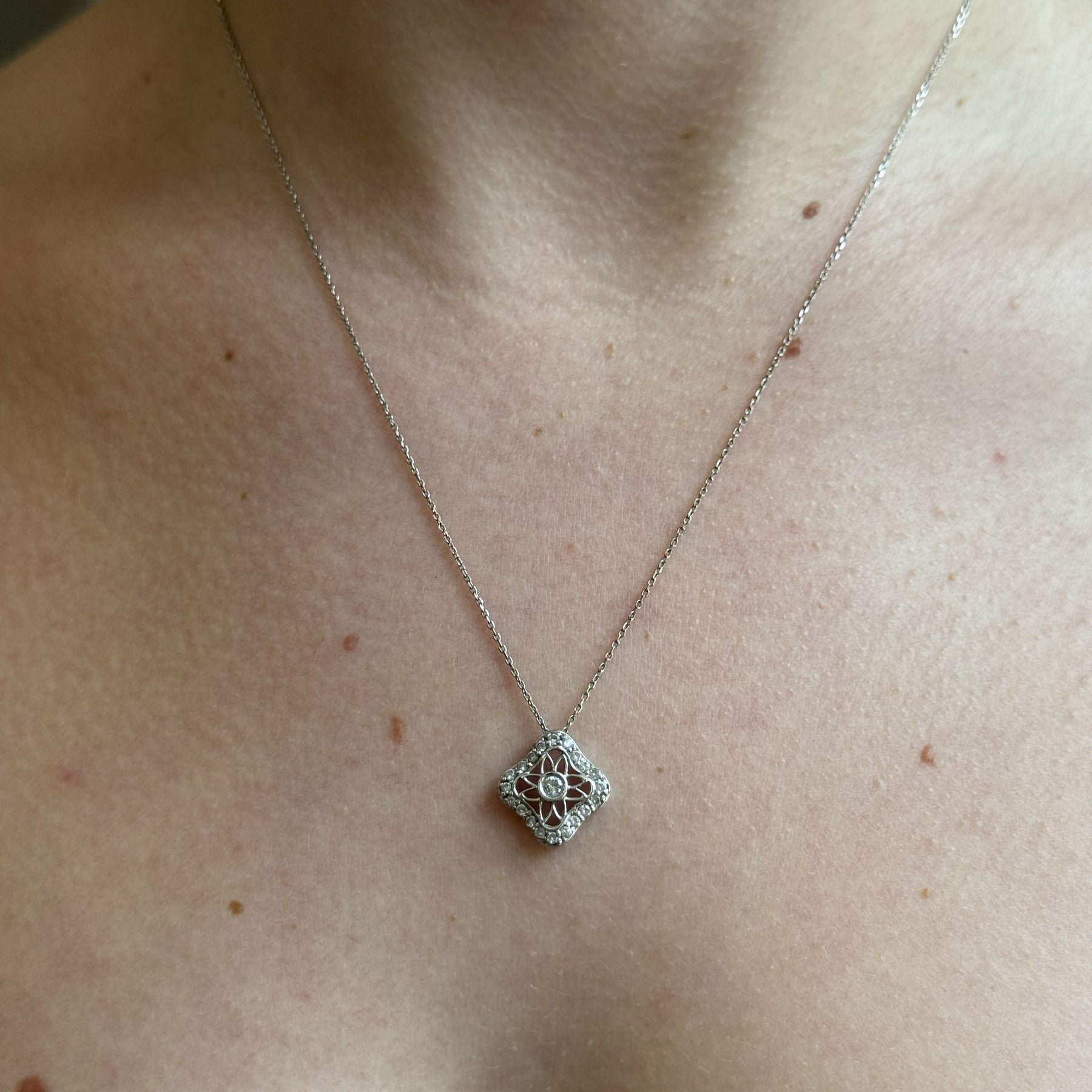 14K White Gold Diamond Filagree Pendant Necklace