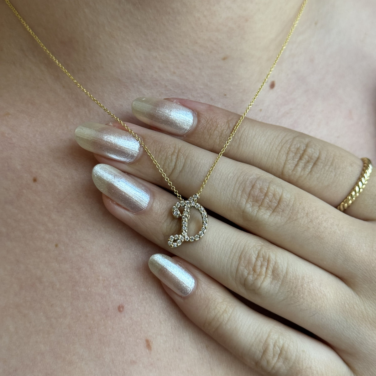 14K Yellow Gold Diamond Scripty "D" Pendant Necklace