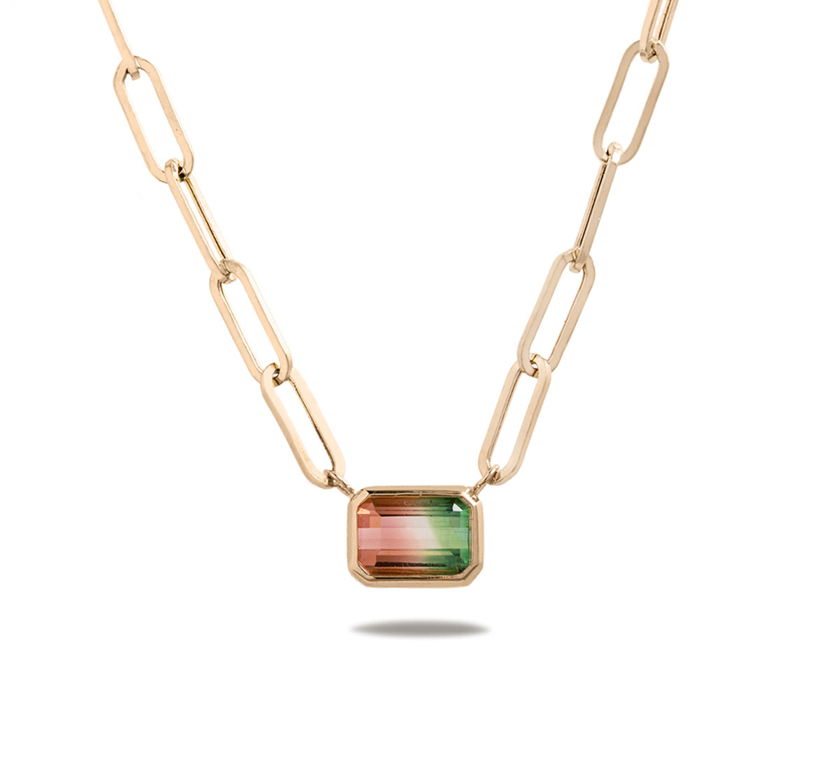 1.41ct emerald cut east west watermelon tourmaline bezel set paperclip chain 14k yellow gold pendant necklace