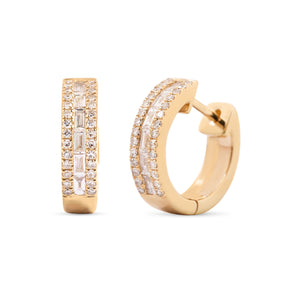 14k yellow gold 3 row baguette and round cut diamond huggie hoop earrings