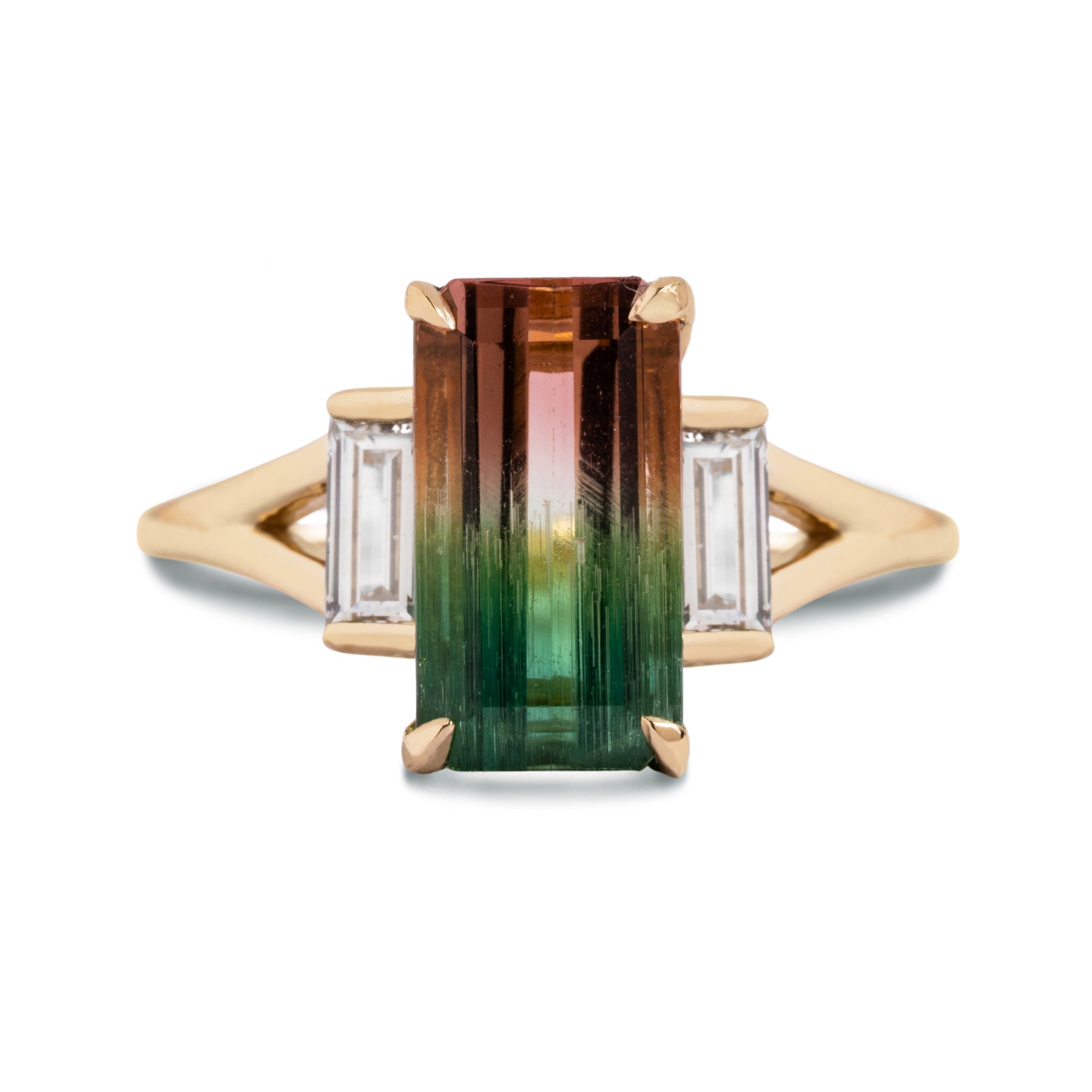 2.49ct emerald cut watermelon tourmaline baguette diamond side stones split shank gemstone cocktail ring 14k gold