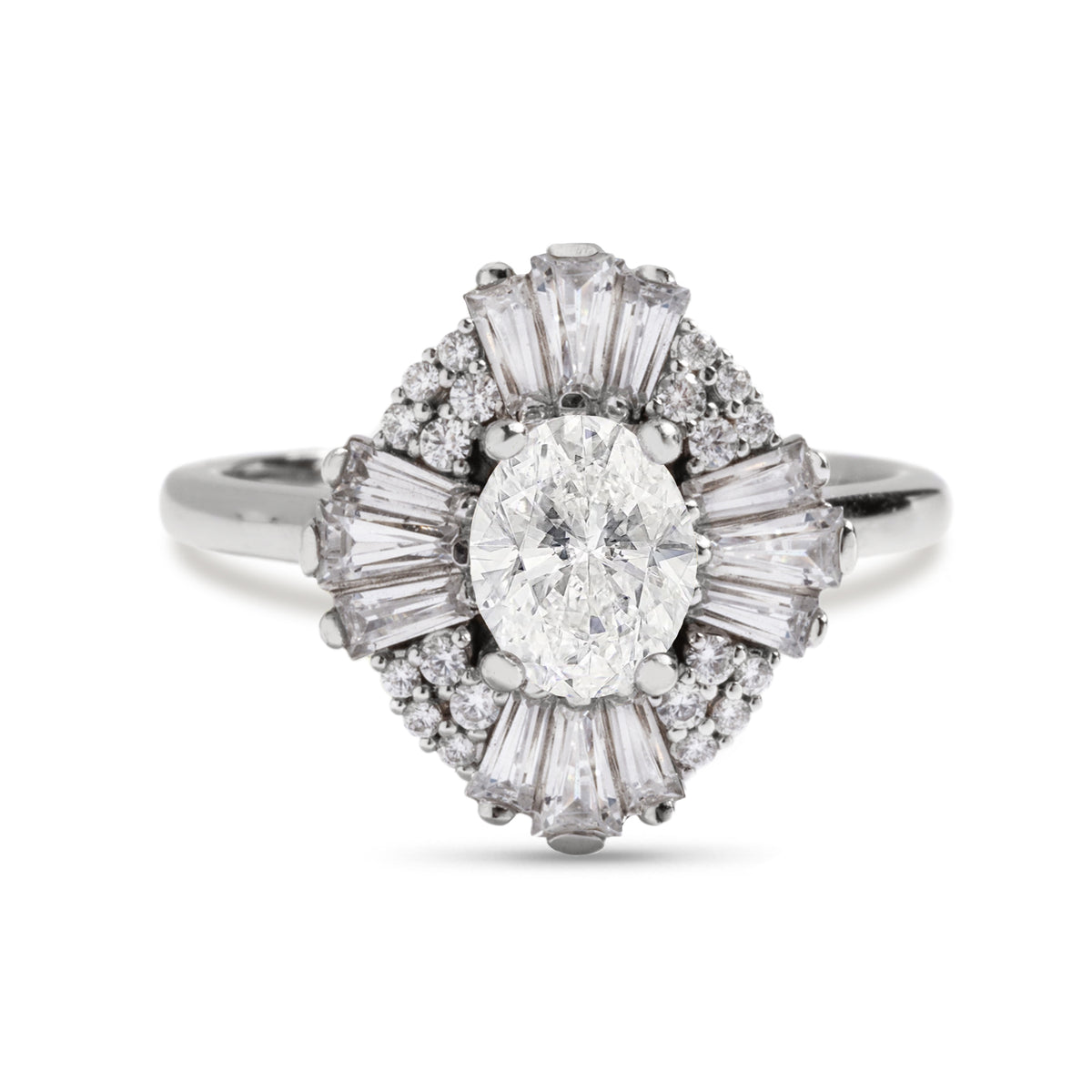14k yellow, white, or rose gold diamond semi custom engagement ring cathedral to diamond with round and baguette diamond halo