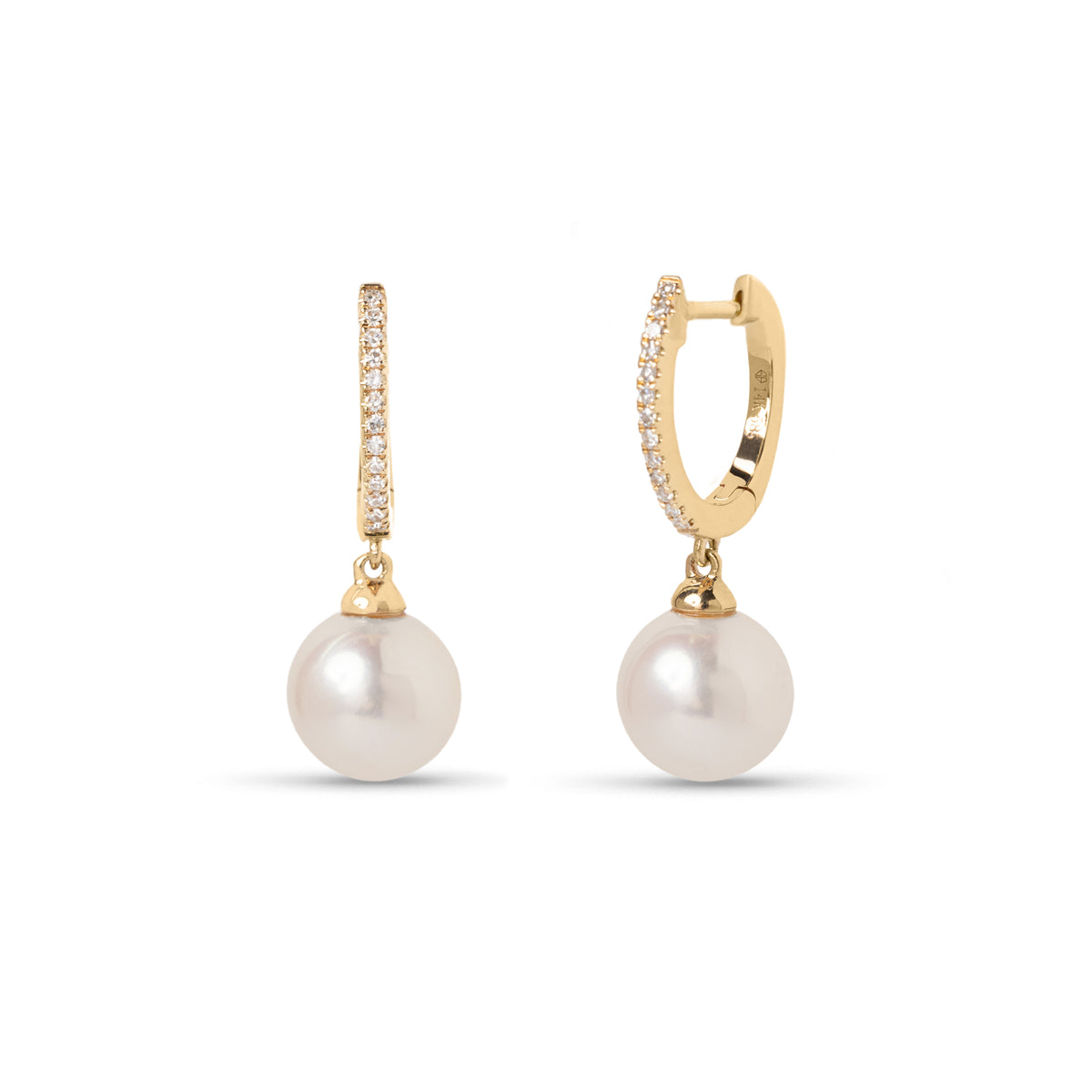 14k yellow or white gold diamond pave huggies with pearl drop earrings
