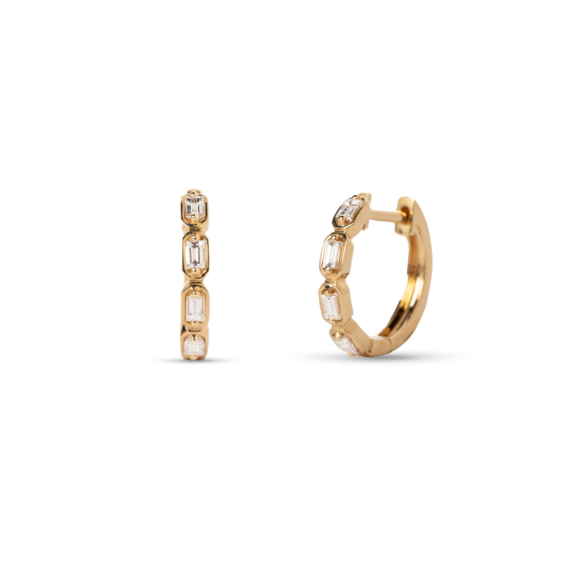 14k yellow gold baguette diamond huggie earrings