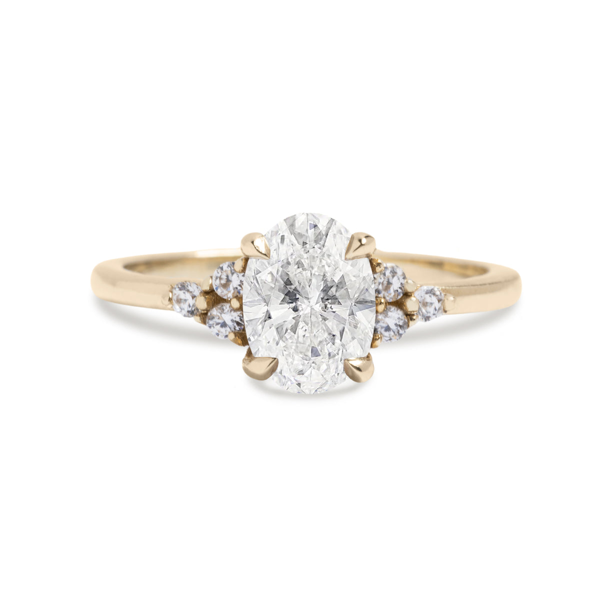 14k yellow, white, or rose gold diamond semi custom engagement ring with triple accent round brilliant diamonds on either side