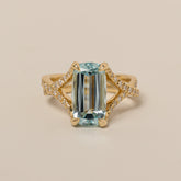 14k yellow gold antique elongated cushion cut aquamarine diamond pave twisted band cocktail ring